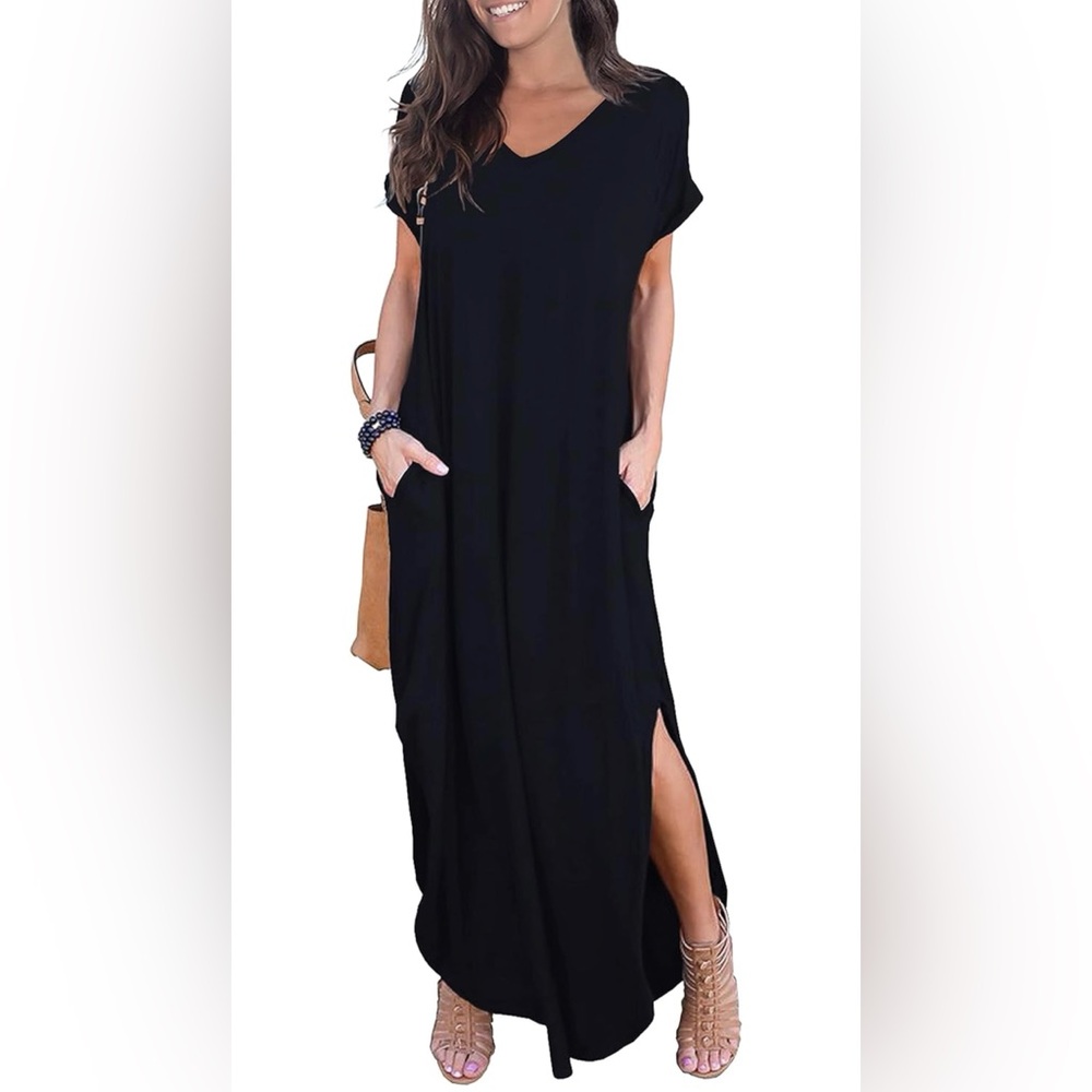 Casual Loose Pocket Long Dress Short Sleeve Split Maxi Dress